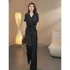 Plus Size European Style Satin V-neck Top and Wide-leg Pants Set for Women
