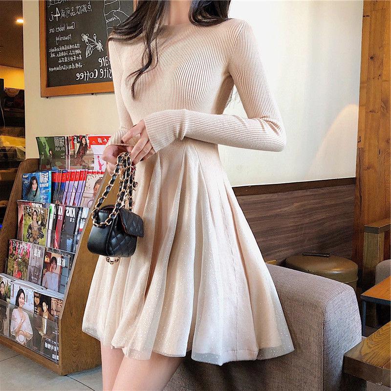 2025 Autumn/Winter Plus Velvet Shiny Waist-Cinched Mesh Dress for Women