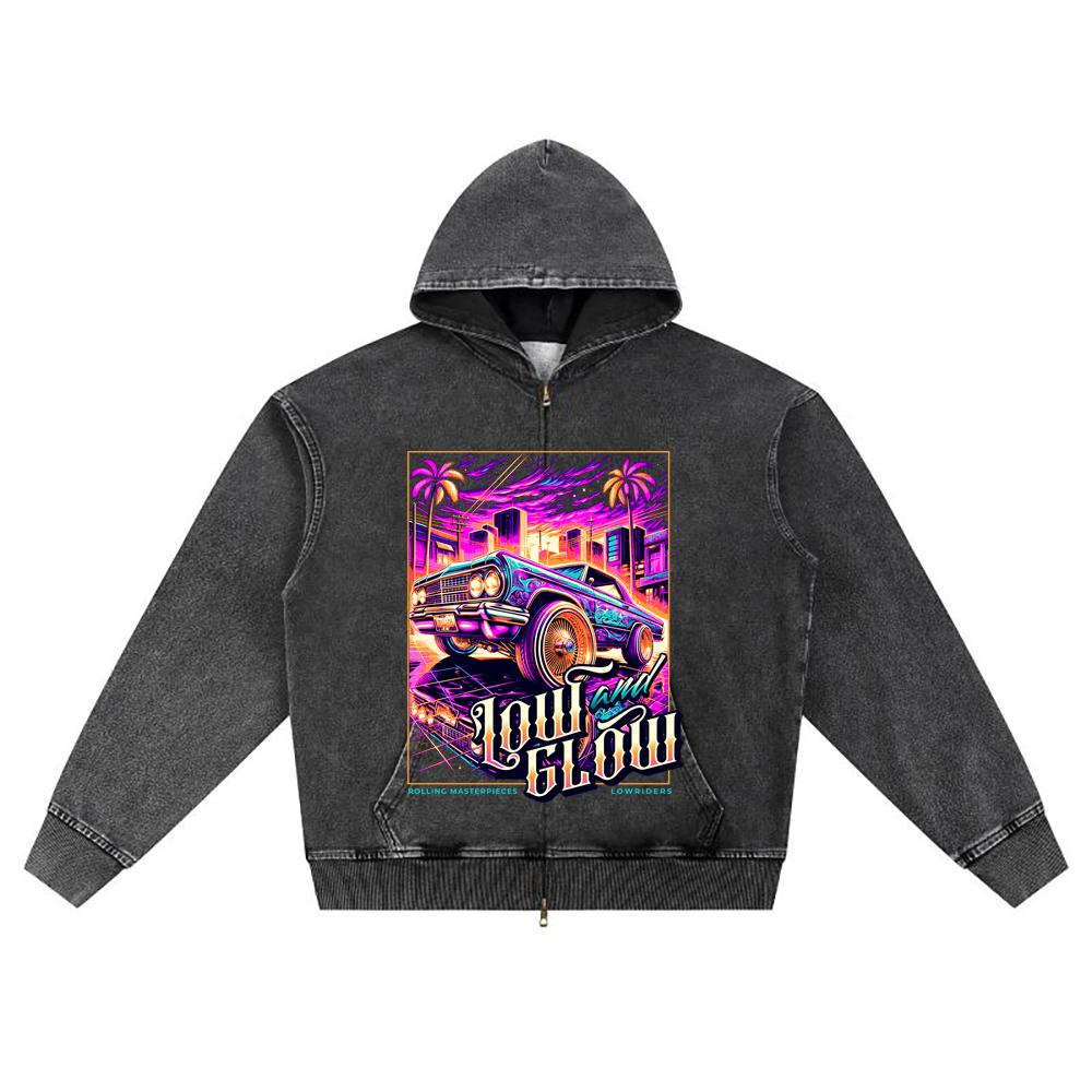 DTG Print Knitted Denim Zip-Up Hoodie Low and Glow Brother Print Zipper Hoodies