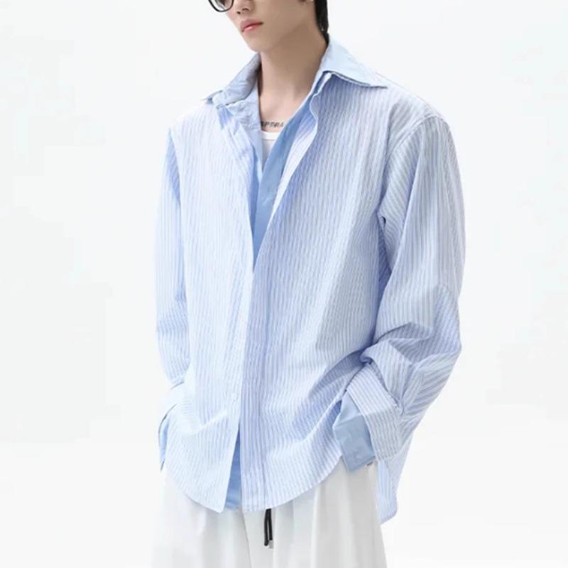 Men's Light Blue Striped Button Down Shirt Casual Layered Look Oversized Streetwear Top