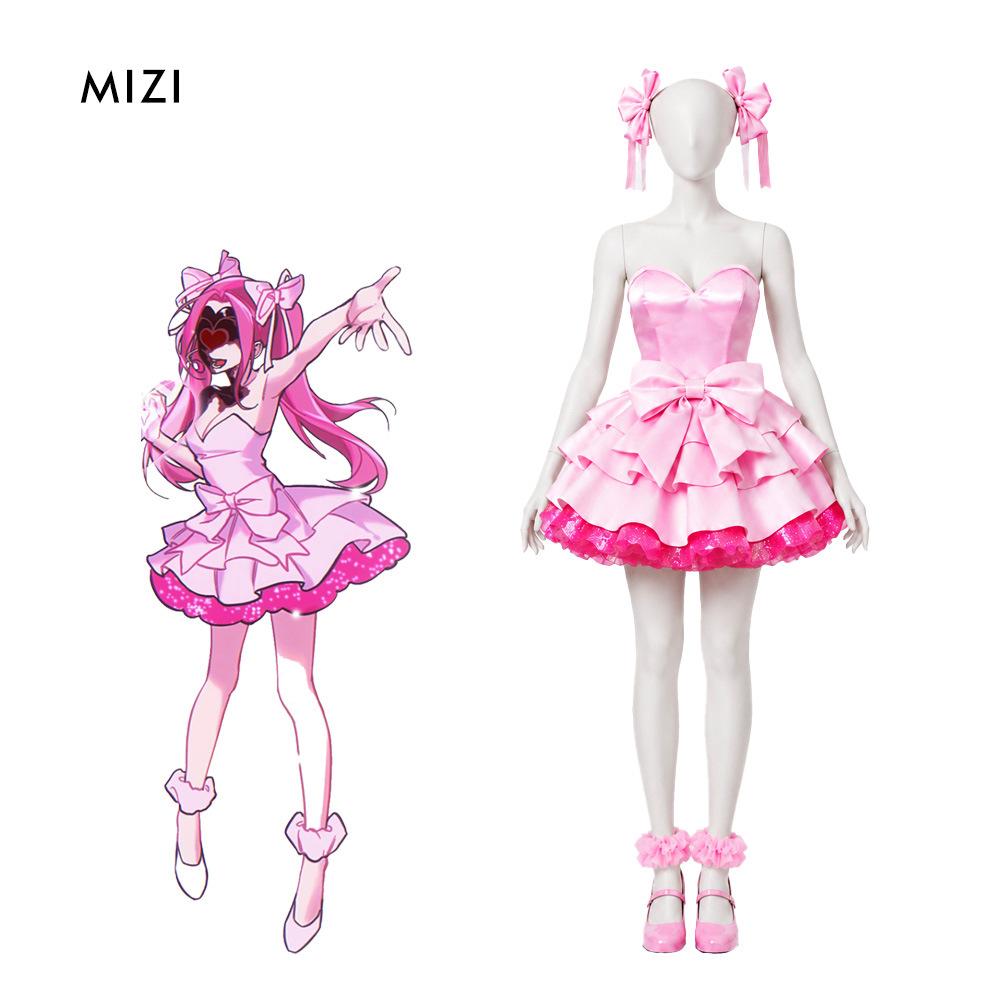 Alien Stage Zombie State Mizi Cosplay Costume Wig Pink Mini Dress Cute Big Bow Glitter Ruffle Skirt Idol Stage Outfit Full Set