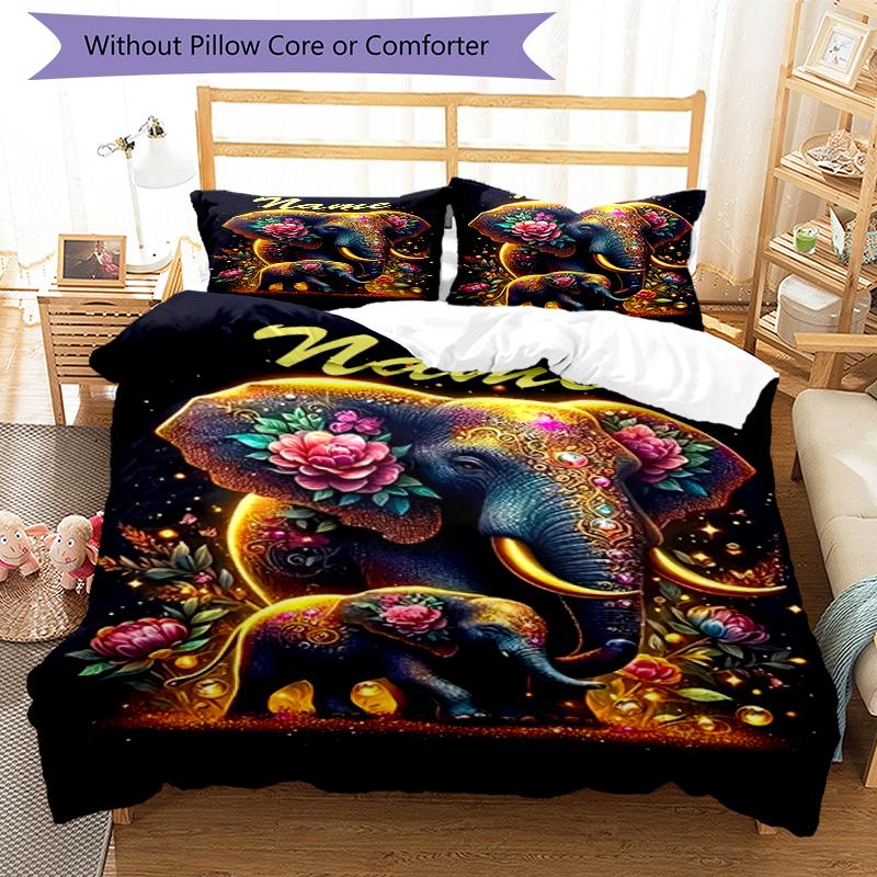 3pcs Custom Name Elephant Bedding Set Duvet Cover Closure Includes 1 Duvet Cover & 2 Pillowcases, Soft and Comfortable for All Seasons.