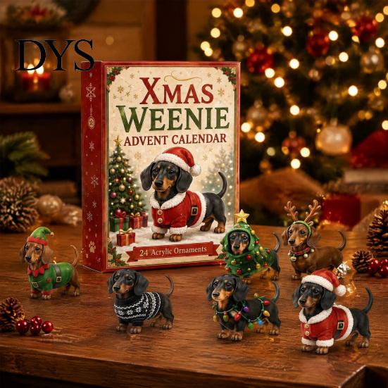 Decorazioni Festive per la Casa 2026 Calendario dell'Avvento Bassotto, 24 Giorni Sorprese Collezionabili Cane con Ornamenti da Appendere per Albero di Natale Cucciolo Figure Acriliche