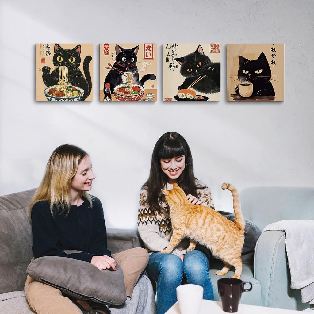 4 PCs Kawaii Japanese Ramen Cats Canvas Wall Art Framed Wall Decor, Cat Lover Gifts, Cat Themed Gifts Art Prints Paintings, Pictures Home Decor for