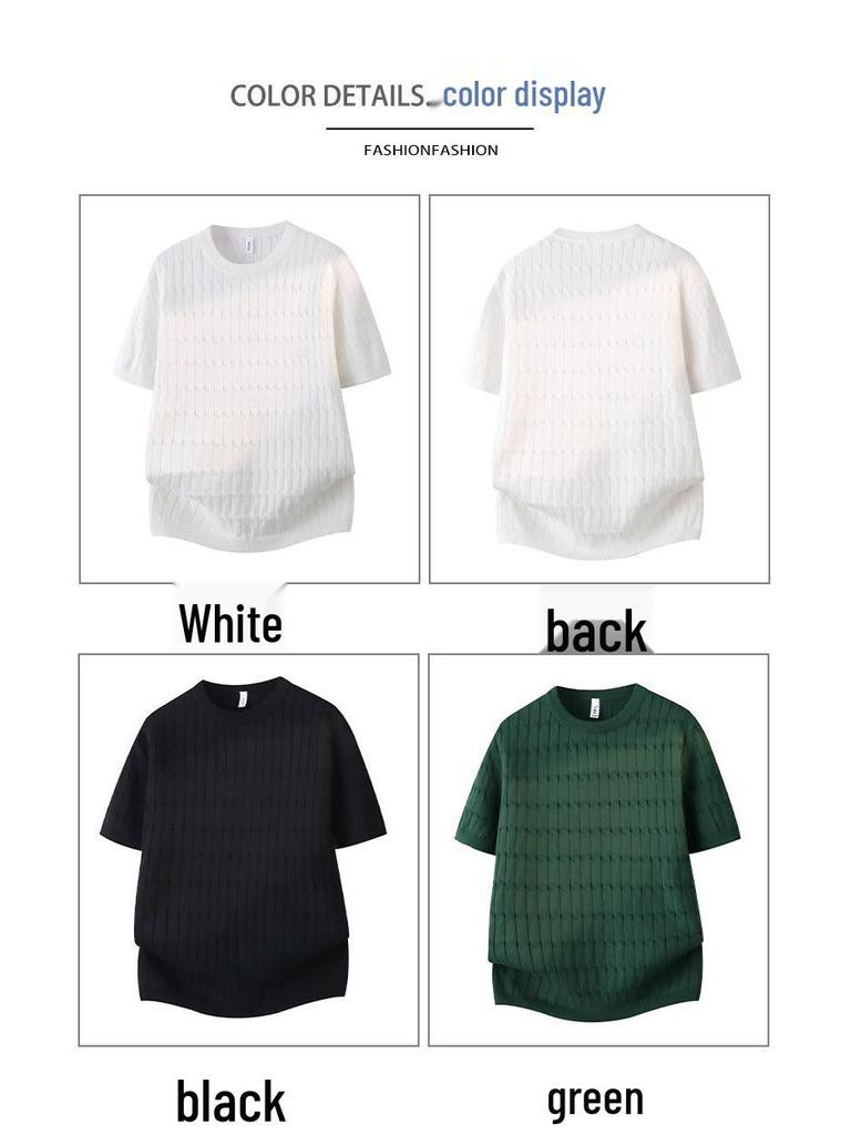 2026 Men's Ice Silk Textured Jacquard Striped Knit T-Shirt