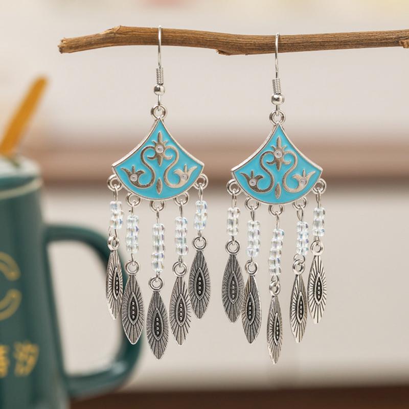 Classical Ethnic Drop Glaze Geometric Earrings for Women Vintage Texture Beaded Dangle Earring Daily Vacation Jewelry