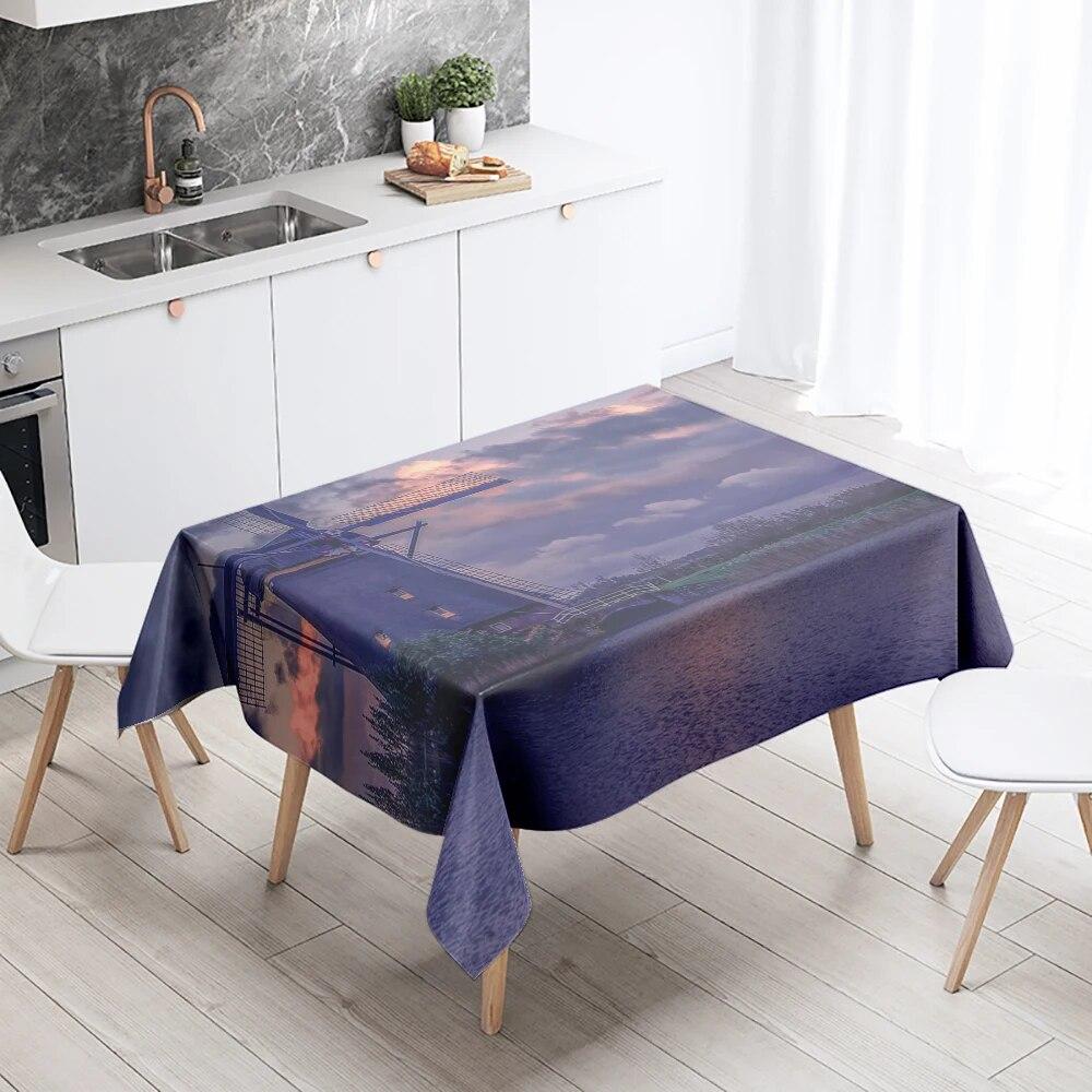 Sunset Windmill Scenery Tablecloth Party Restaurant Banquet Decor Stain Resistant Waterproof  Home Table Decoration
