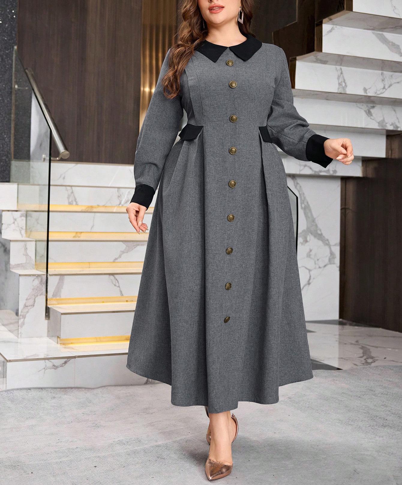 Plus Size Spring-Autumn Patchwork Doll Collar Slimming Dress for Women 4XL серый