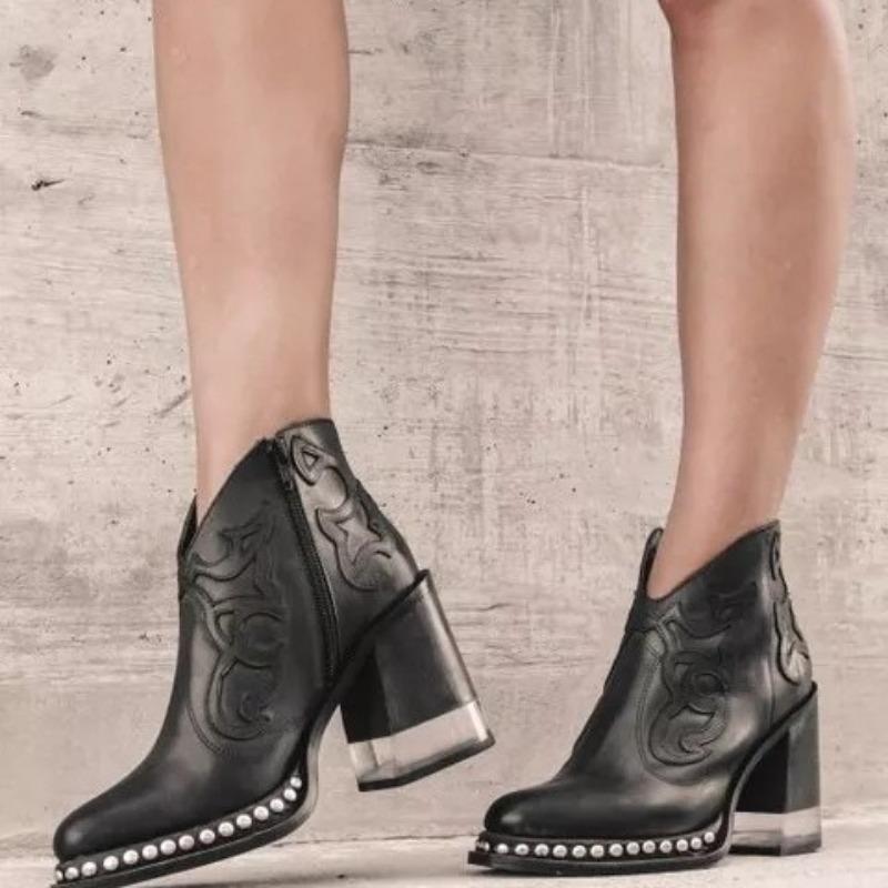 Leather Women Ankle Boots Women's Shoes Low Heel Cool British Embroidered Design Soft Short Boots Party Women Footwear