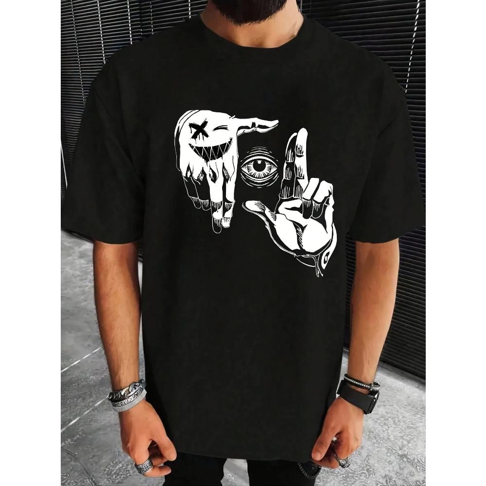 Men's Short-Sleeved Crew Neck T-Shirt -  Blend, Casual Top With Creative Gesture Print - Summer Tee - For Men