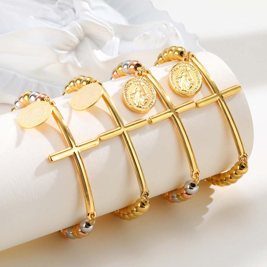 Vnox Heilige Maria St. Benedikt Kreuz Armband für Damen, Edelstahl Goldfarbe Perlenketten Armbänder, Christus Gebets Schmuck