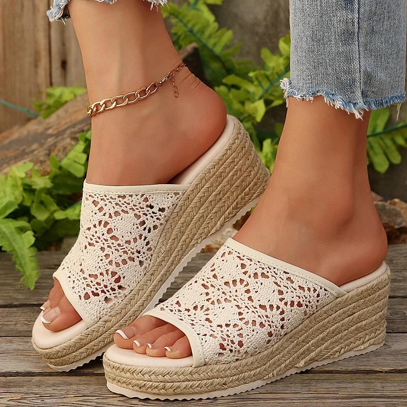 

Модные женские плетеные сандалии на танкетке больших размеров 36-43, лето 2025, льняные шлепанцы на толстой подошве, женские удобные сандалии на платформе с вырезами 40 бежевый