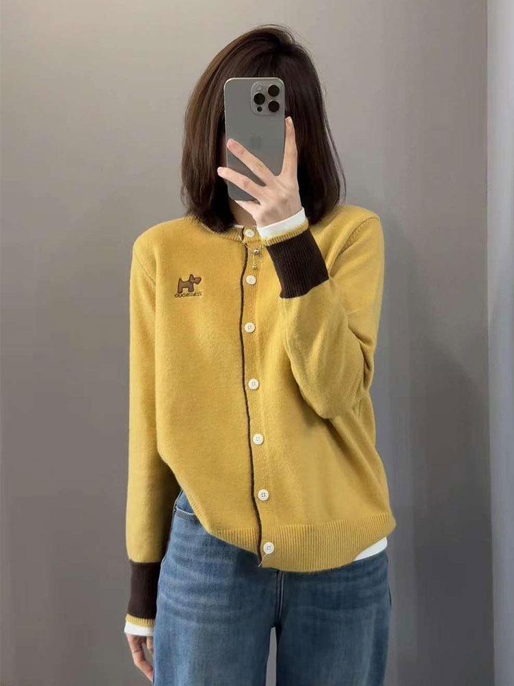 

Женский вязаный кардиган в стиле колор-блок - Круглый вырез, Свободный крой, Мода Осень/Зима 2025 One Size жёлтый