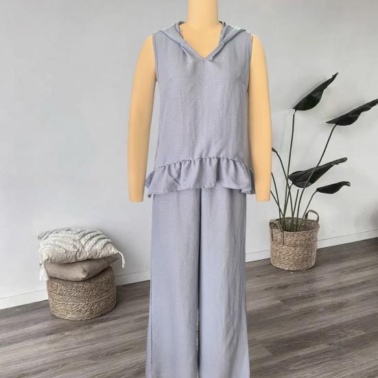 2 Piece Sets for Women Hooded Sleeveless Pullover Top And Long Pants Set Summer Casual Ruffle Lounge Outfits