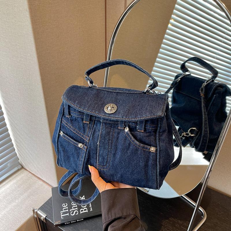Stylish Denim Handbag Mini Backpack with Detachable Strap and Front Pockets for Casual Wear