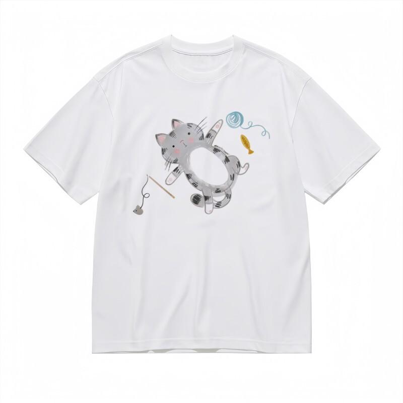 

Women s Round Neck Classic T-Shirt Blushing Cat with Fishbone Graphic Tee 4XL