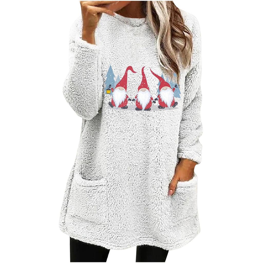 European & American Women's Christmas Gnome Print Plush Hoodie - Round Neck, Loose Fit, Long Sleeve, with Pockets