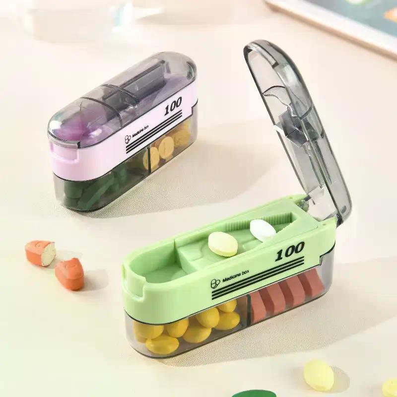 Bärbar Pillerdelare 1 st Tablettskärare Förvaringsfodral Med Dosett Organizer Säker Bladdesign För Resor Hem Apotek