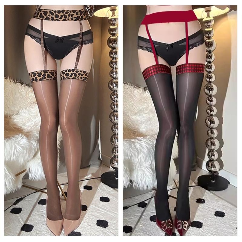 Women Leopard Top Shimmery Tights Suspenders Pantyhose Attached Garter Belt Oil Glossy Thigh High Stockings Lingerie
