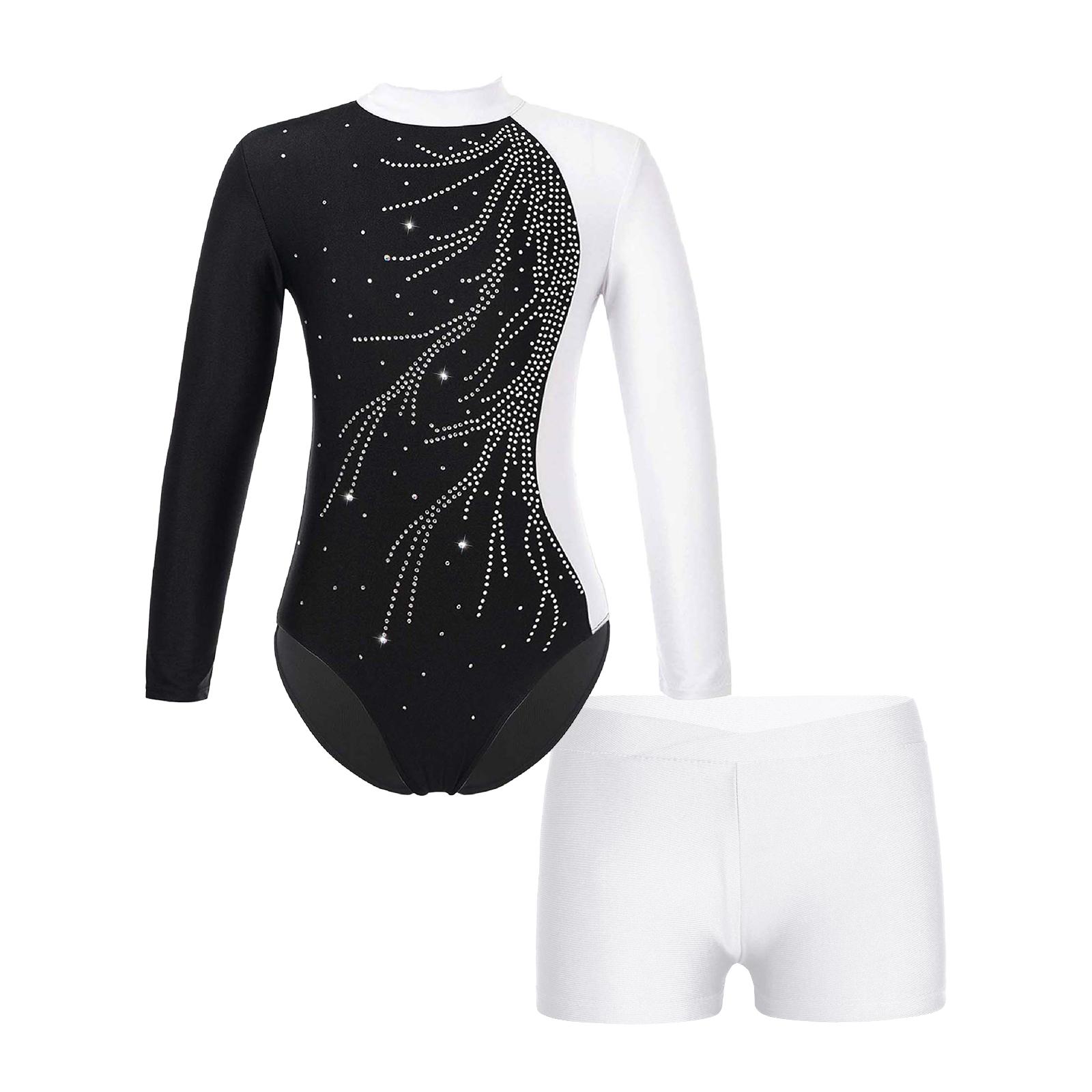 

Girls Shiny Rhinestones Leotard Long Sleeve Mock Neck Keyhole Back Design V Front Waistband Shorts Gymnastics Set 11-12 Years