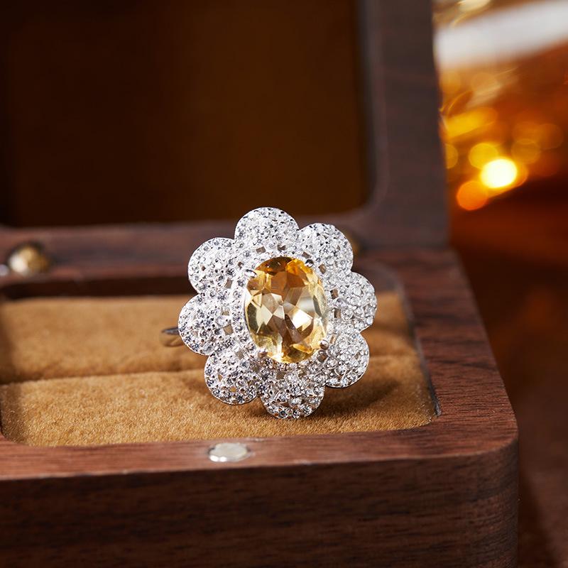 S925 Sterling Silver Lace Flower Ring with Citrine, Amethyst & Topaz for Women