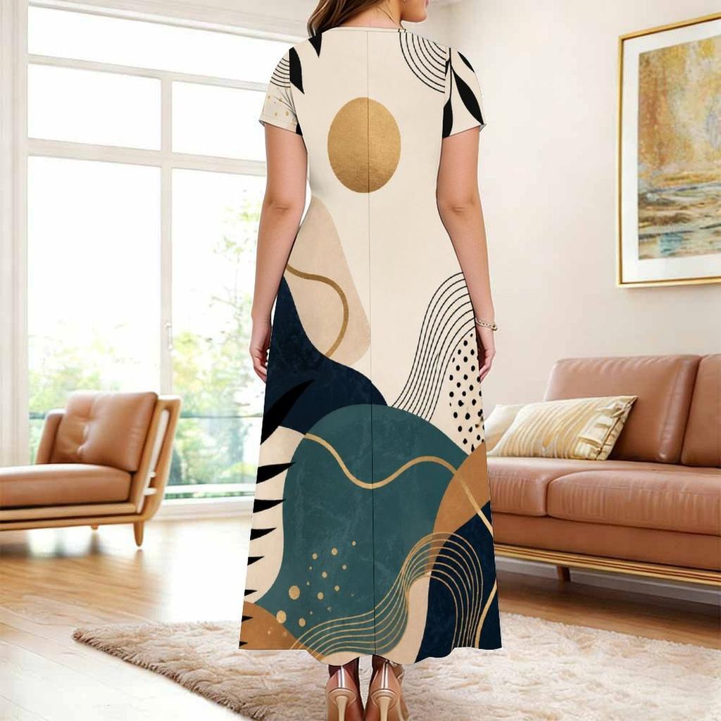 Women Plus Size Round Neck Keyhole Cutout Short Sleeve Blue Printed Maxi Dress