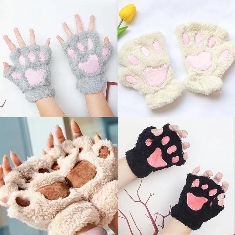 Winter Thickened Fluffy Bear Paw Half Finger Gloves Cute Cartoon Cat Paw Open Finger Gloves For Girls