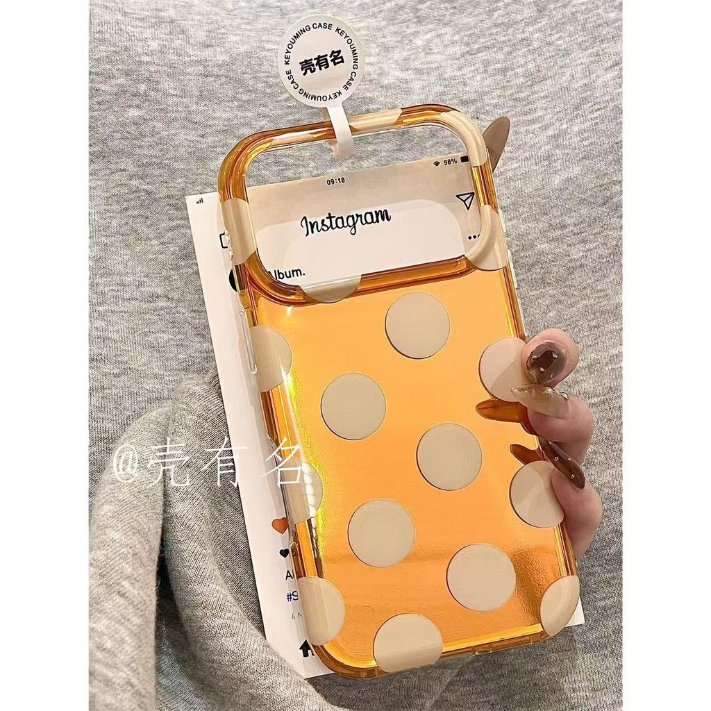 Korean Xingyu orange electroplated bottom full screen ins wind beige polka dot suitable for Apple 17 mobile phone case iPhone16/15