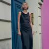 European and American Women's Satin Mid-length Dress with Ruched Waist and Cowl Neck.