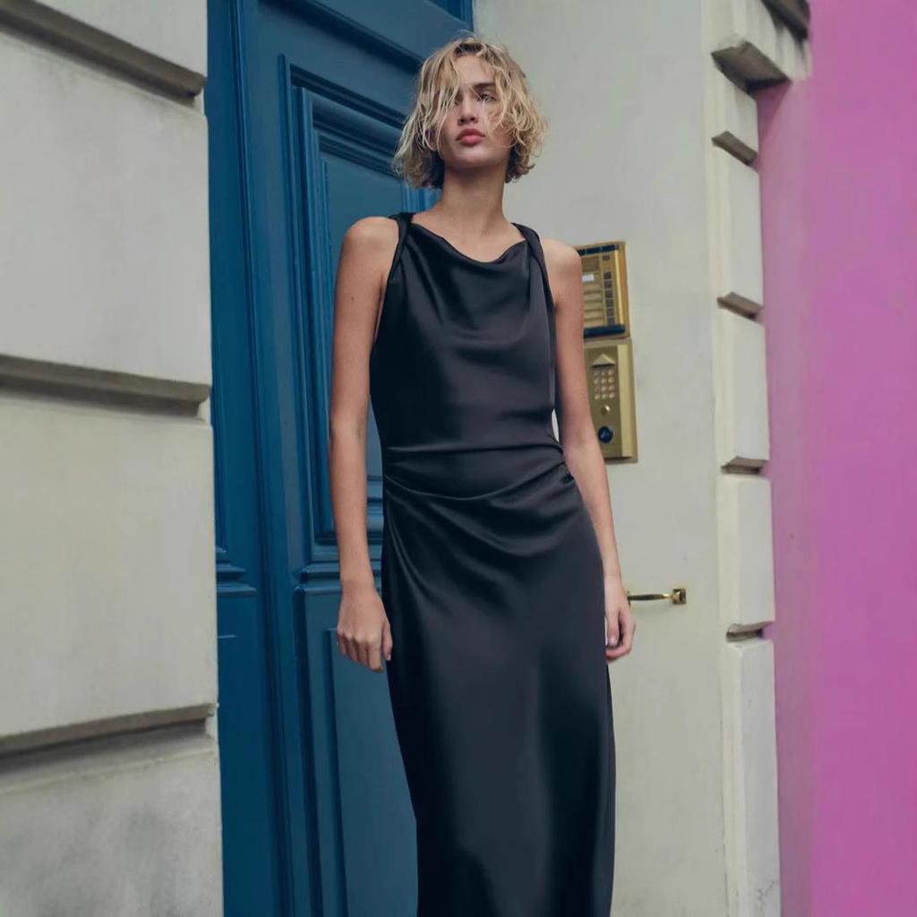 European and American Women's Satin Mid-length Dress with Ruched Waist and Cowl Neck.