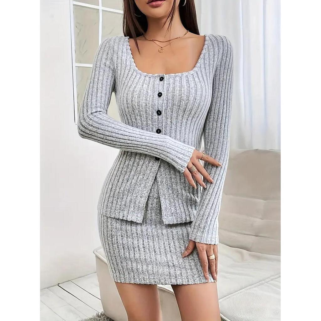 European & American Cross-Border Women's Knit Two-Piece Set: Spring/Autumn Square Neck, Single-Breasted Slimming Suit