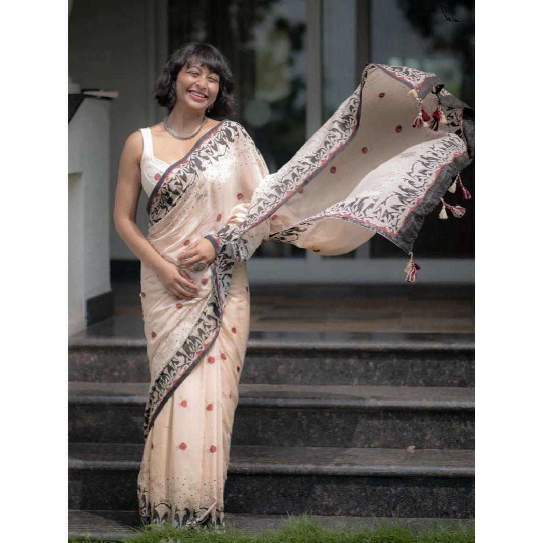 New Exclusive Designer Linen Cotton Digital Print Saree – Fresh & Modern Ethnic Look покинуть белый