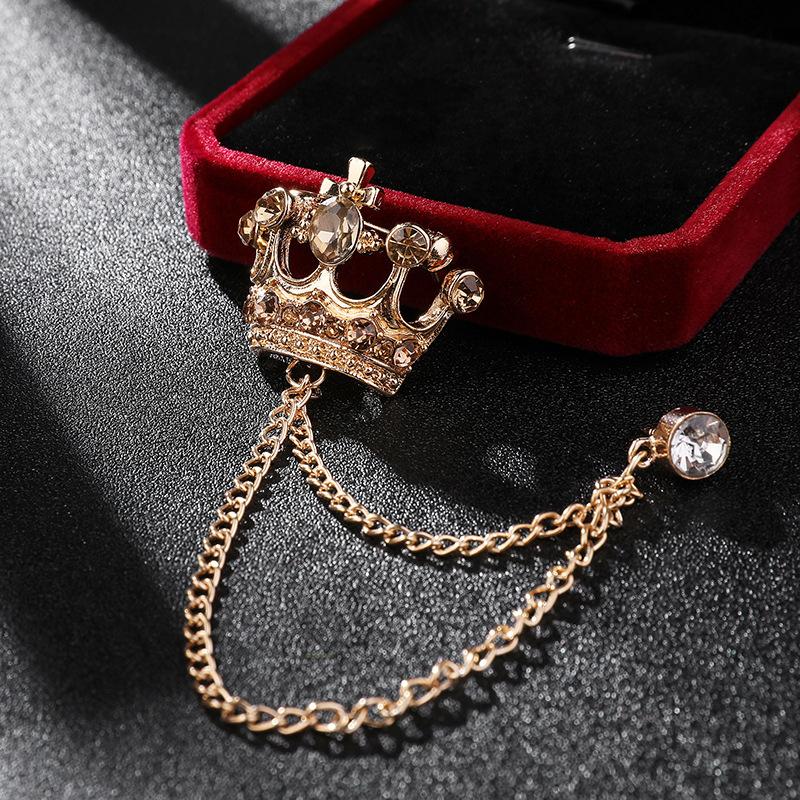 High-end Brooch Crown Crystal Rhinestones Brooches Tassel Chain Lapel Pin British Style Men's Suit Shirt Collar Luxulry Jewelry