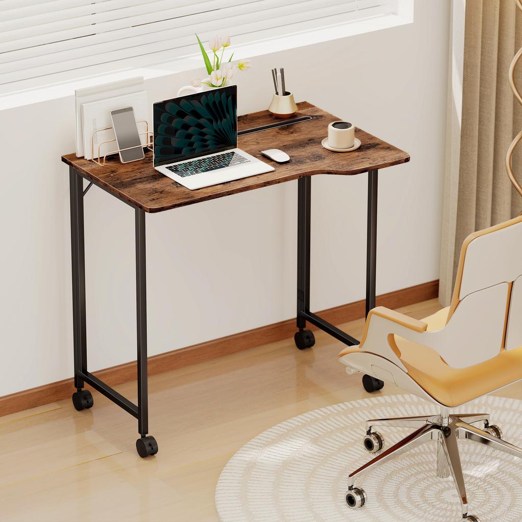 Folding Computer Desk on Wheels, 80 x 52 cm, Device Slot, Brown
