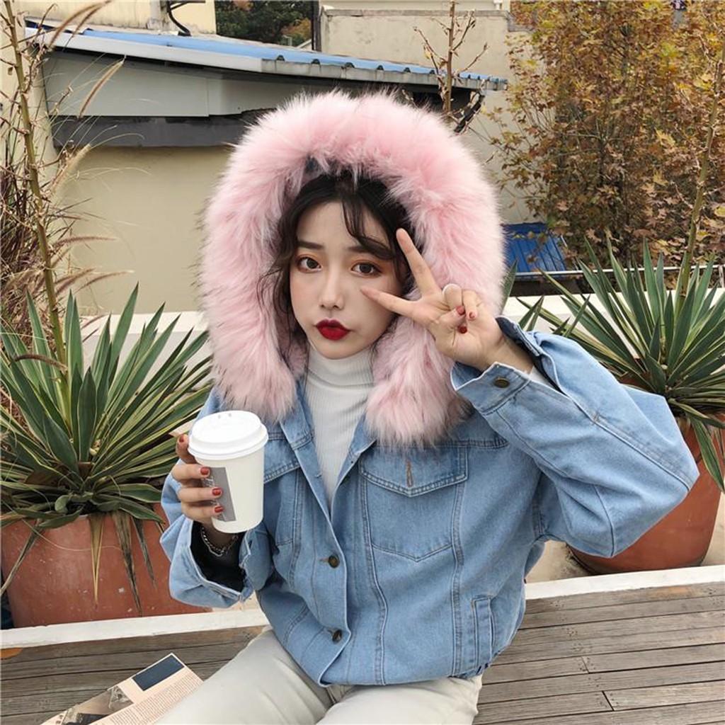 Women Warm Denim Short Coat Collar Jacket Slim Winter Hooded Outwear Coats