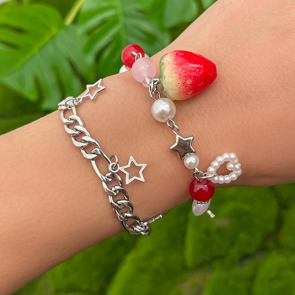Sweet Wind Strawberry Bow Pendant Necklace Female, Metal Chain Stacked Choker Necklace
