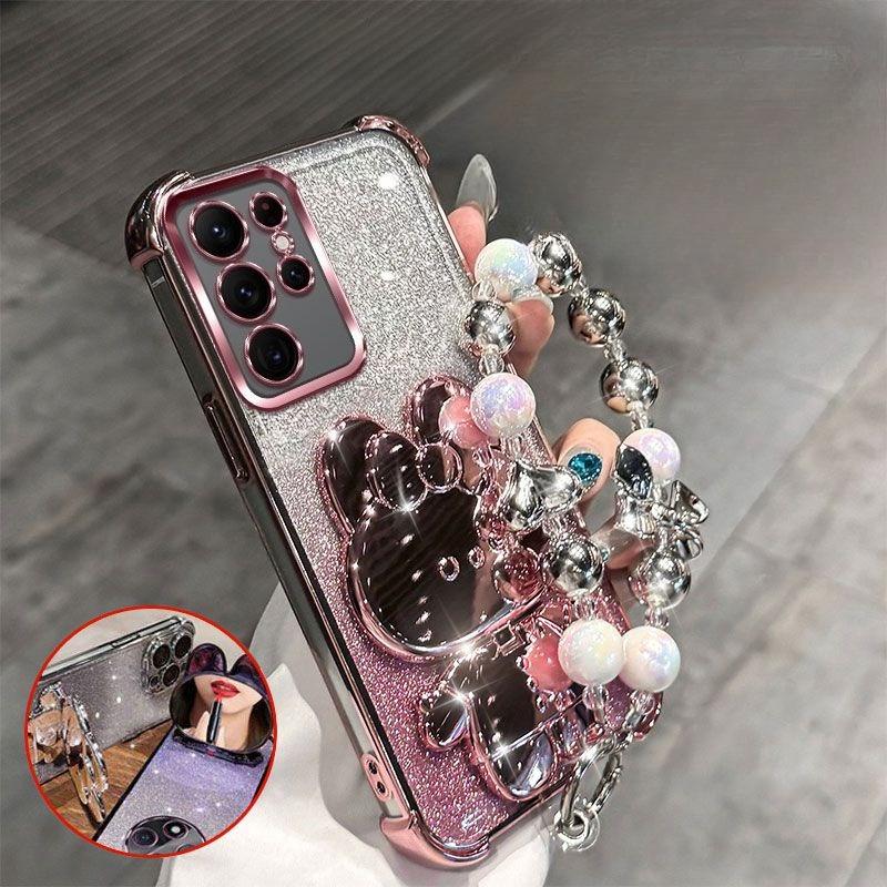 

Кейс для телефону з кронштейном-дзеркалом у вигляді кролика для Samsung S25 S24 S23 S22 EDGE Ultra Plus Fe з браслетом, кейс з амортизацією повітряних подушок у чотирьох кутах Case & Holder&Galaxy S22 Ultra 5G рожевий