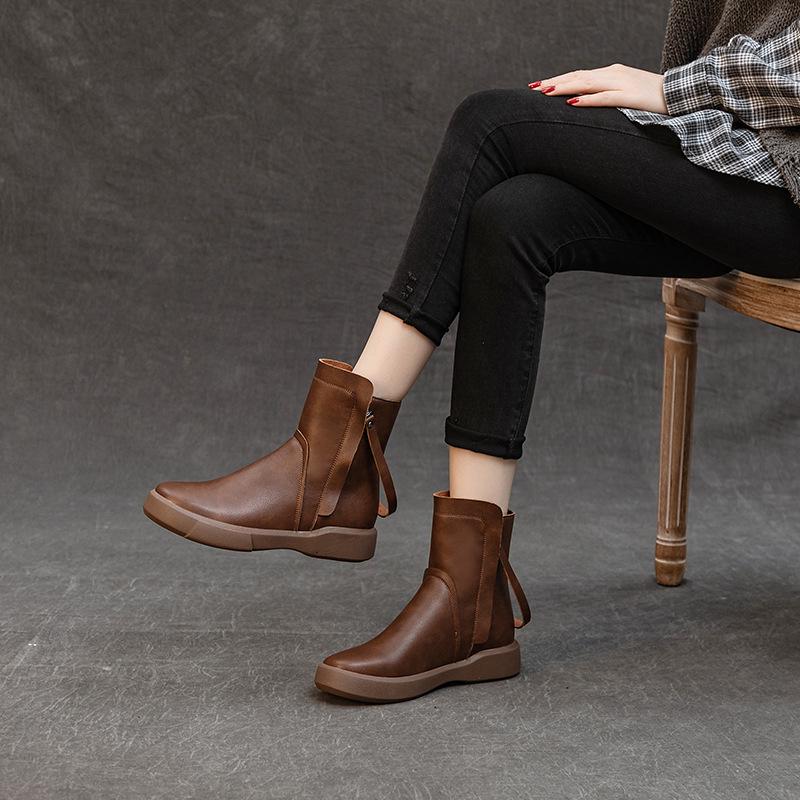 

Women s Retro Leather Chelsea Boots - Thick Sole, Round Toe, Plus Velvet, Slimming, Heightening, for Autumn/Winter 39