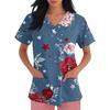 Women's Fashionable V-Neck Short-Sleeved Work Top With Pockets And Independence Day Print  Uniform
