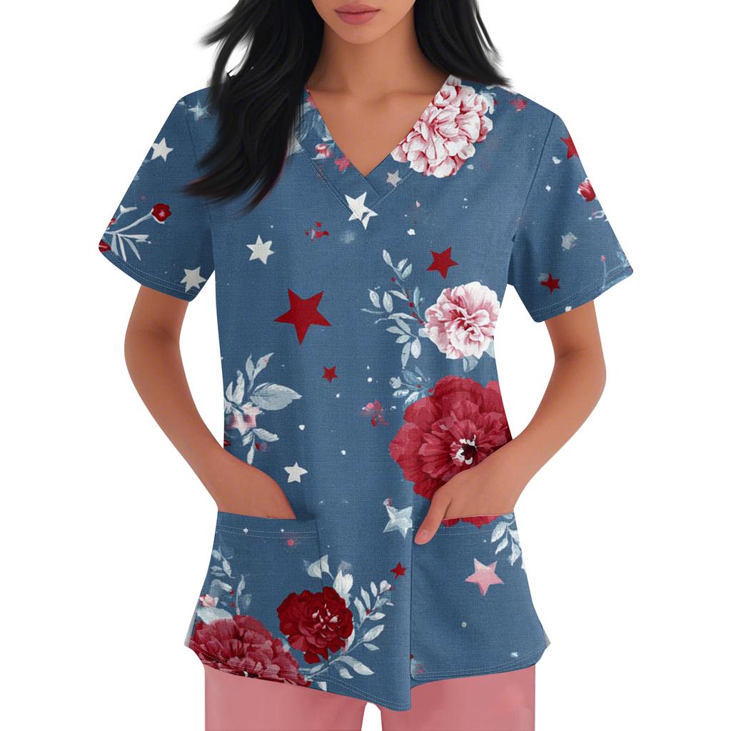 Women's Fashionable V-Neck Short-Sleeved Work Top With Pockets And Independence Day Print  Uniform