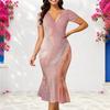 Women Plus Size V Neck Short Sleeve Printed Blue Fitted Fishtail Midi Dress