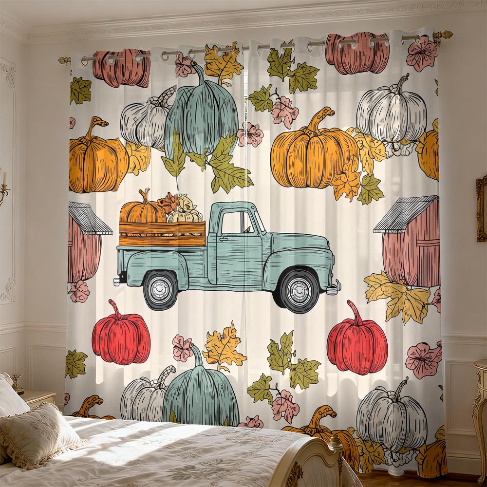 2pcs Vintage Truck Pumpkin Maple Leaf Print Double-sided Curtains for Living Room and Bedroom Light Blocking