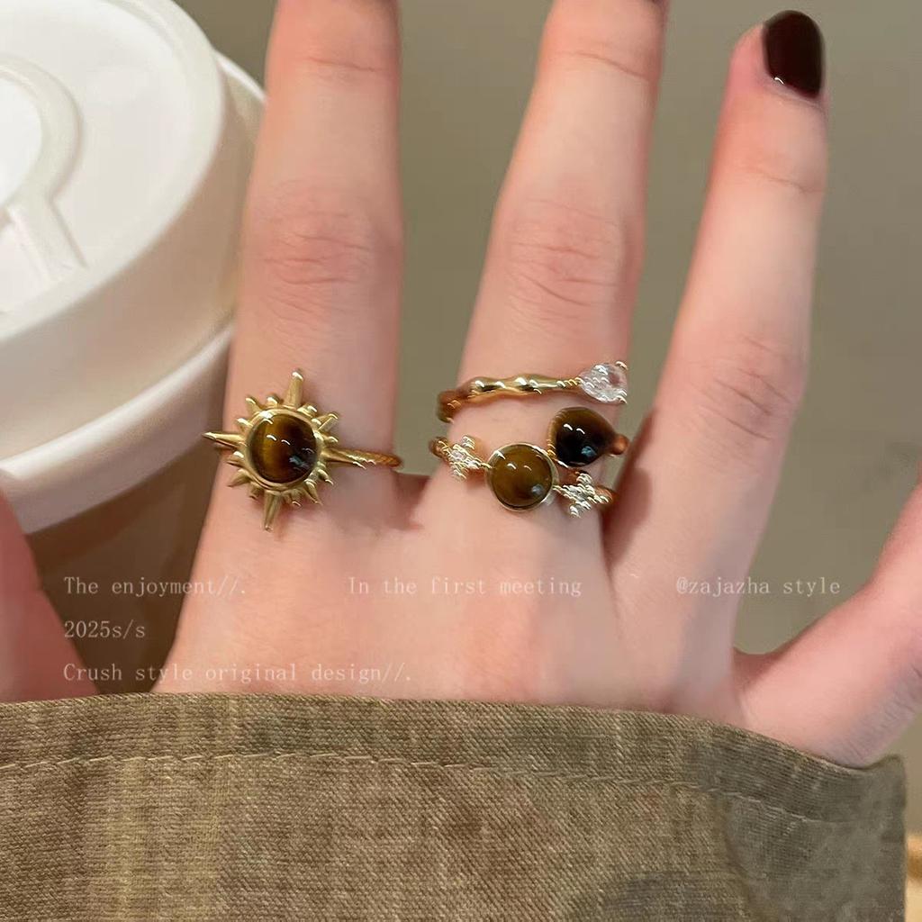 Gold Sunflower Tiger'S Eye Stone Ring, Women'S Light Luxury Niche High-End Index Finger Ring, Maillard Stacked With Retro Rings