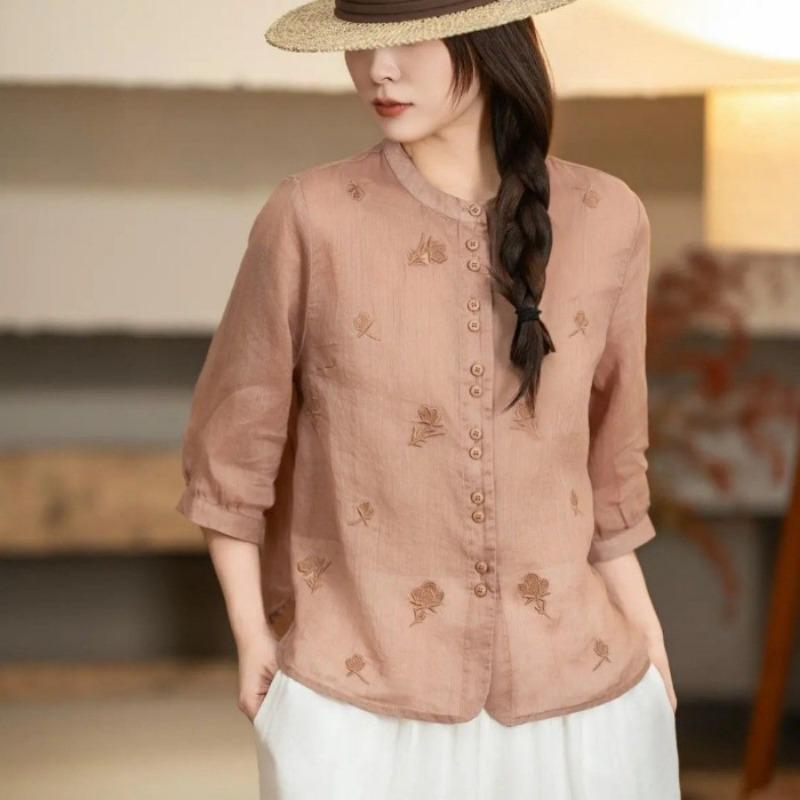 

Retro Cotton and Linen Embroidered Shirt for Women Summer New Style Mom Style Thin Linen Shirt Three-quarter Sleeve Top 3XL помаранчевий