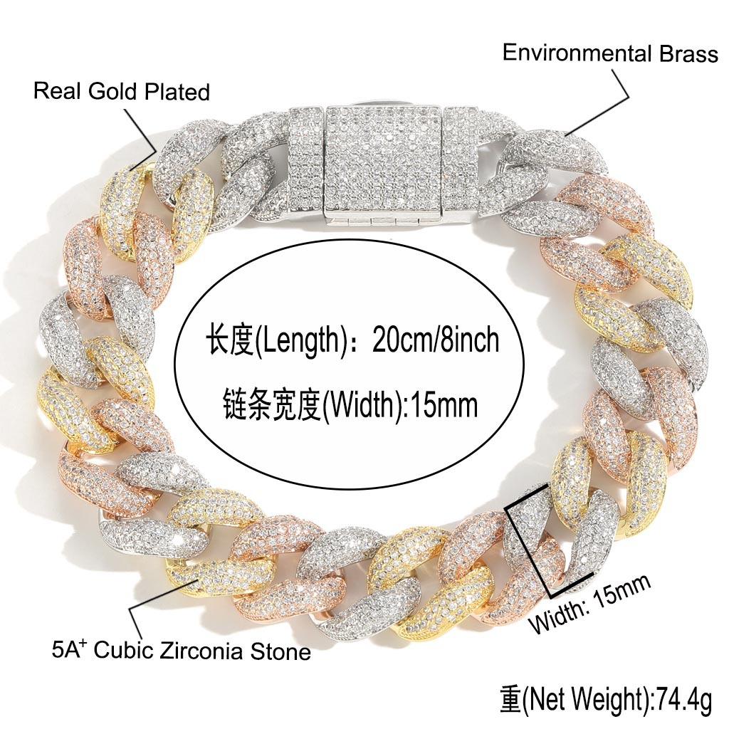 15 mm 18K Gold Plated Hip Hop Style Colorful Bubble Cuban Chain Bracelet Iced Zircon Made Brass-for Anniversary Gift