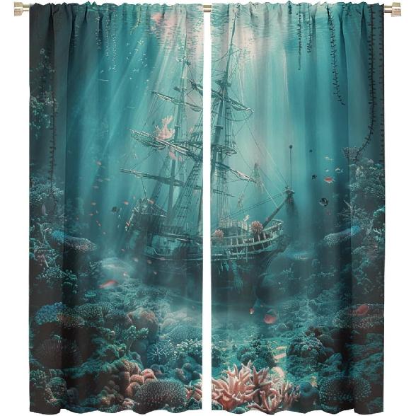Mystical Ocean Shipwreck Blackout Curtains for Living Room Bedroom, Vintage Horror Pirate Ship Window Curtains Rod Pocket Thermal Insulated Window