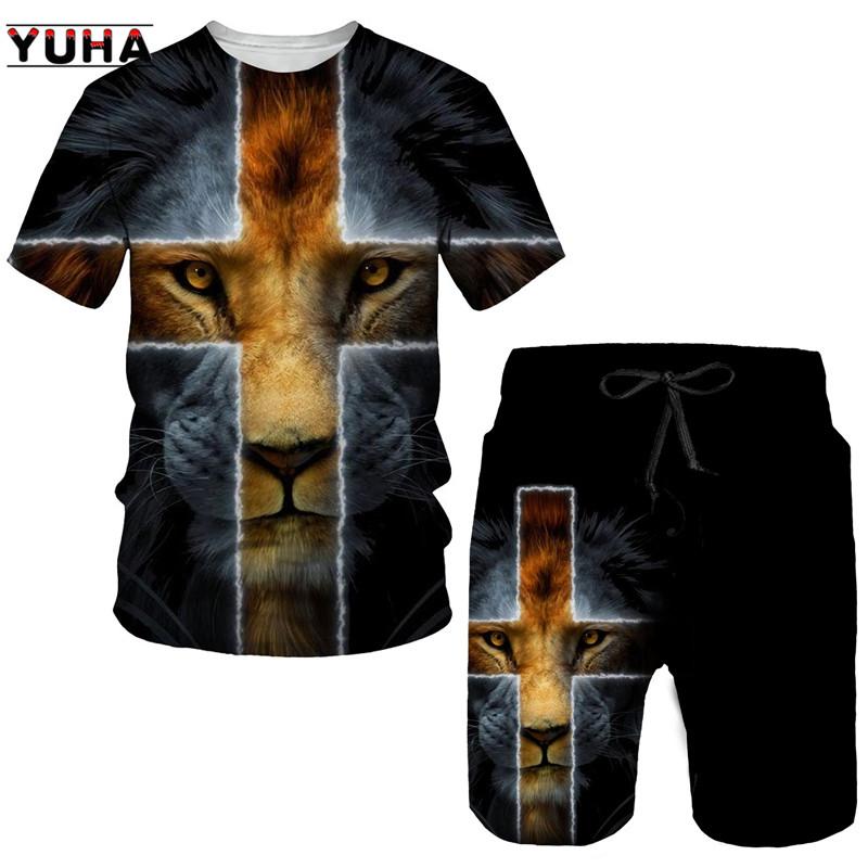 Summer Men's 3D Lion Cross Printed Men's T-shirt/Shorts/Suit Short Sleeve Jesus Love Everone Christian Street Wear 2 Pcs