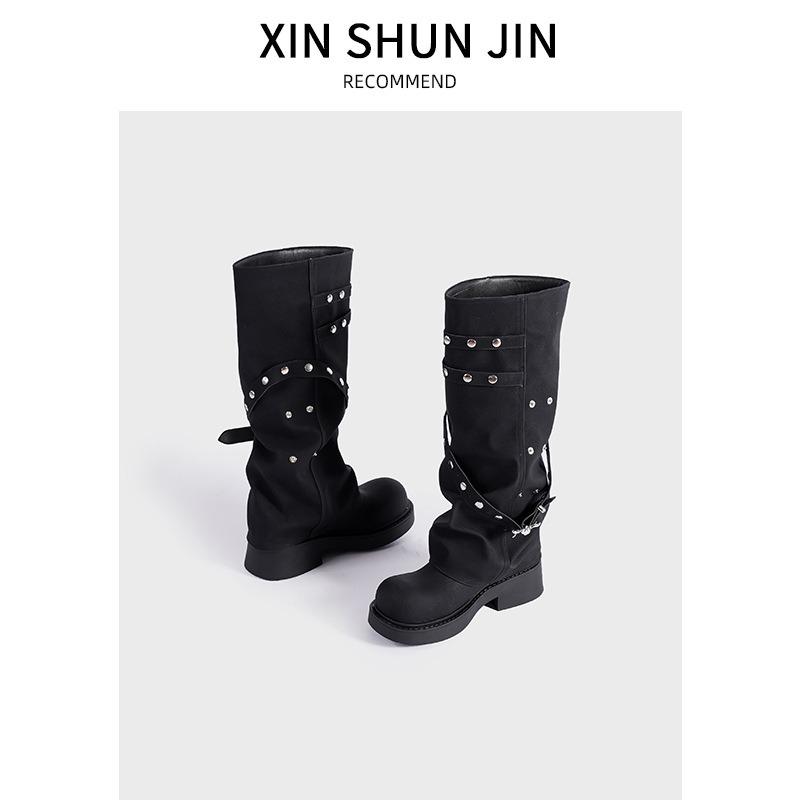 Maillard Trouser Boots Autumn New Women's Retro Round Head Niche Design Long Boots Rivet Knight Boots