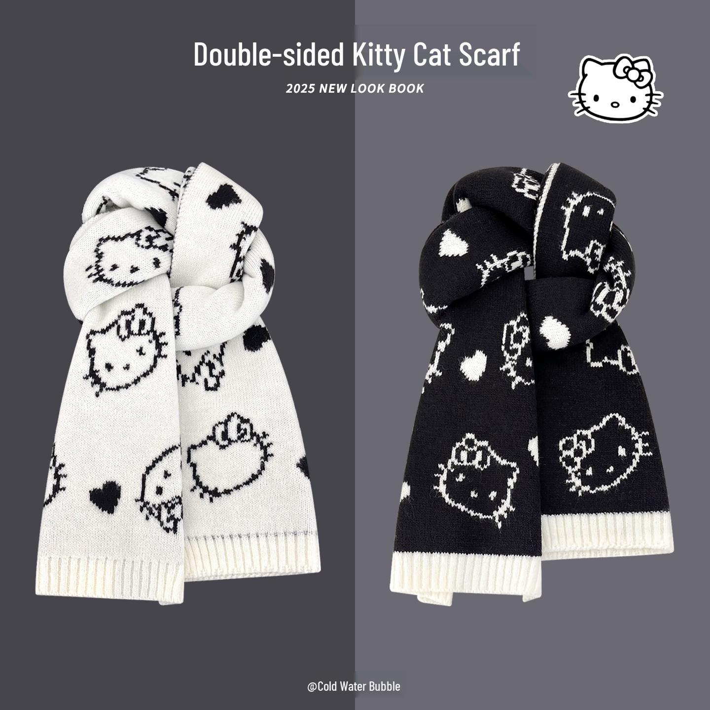 Korean Style Cute Cat Knit Scarf: Warm Black Winter Gaiter for Couples Pink and White KT Cat Scarf