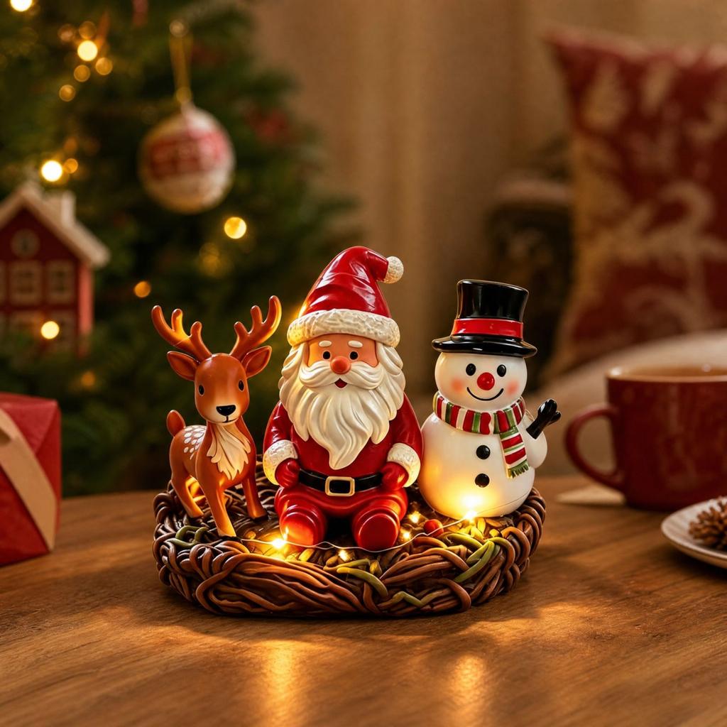 Resin Christmas Santa Snowman Figurines with Lights, Festive Tabletop Decor